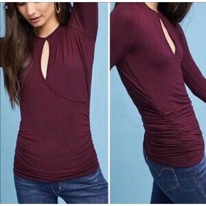 New Anthropologie Vanessa Virginia Faux Wrap Side Ruch Top Keyhole Plum Size XS